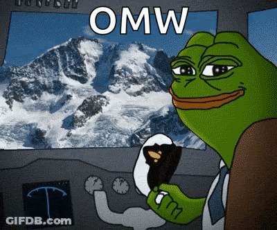 A Cartoon Of A Green Frog Holding A Steering Wheel With The Word Omw Above It GIF