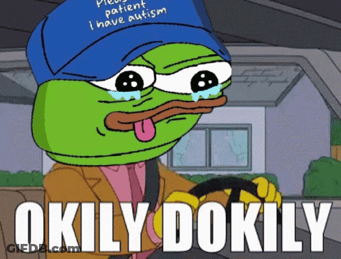 A Cartoon Of A Green Frog Wearing A Blue Hat That Says Please Patient I Have Autism GIF