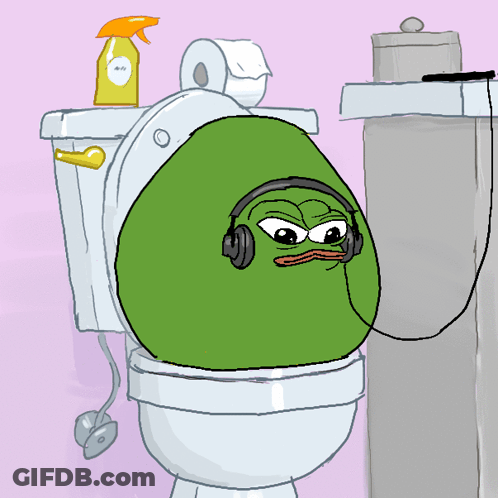A Cartoon Of A Green Frog Wearing Headphones Sitting In A Toilet GIF