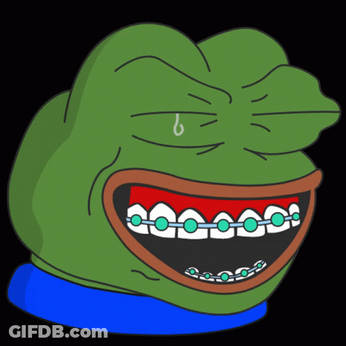 A Cartoon Of A Green Frog With Braces On Its Teeth GIF