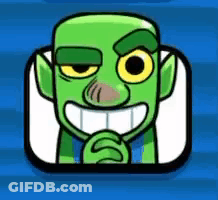 A Cartoon Of A Green Goblin With A Big Smile On His Face And A Blue Background . GIF