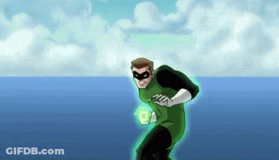A Cartoon Of A Green Lantern Flying Through The Air . GIF