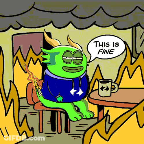 A Cartoon Of A Green Monster Sitting At A Table Saying This Is Fine GIF