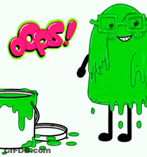A Cartoon Of A Green Monster With Glasses Standing Next To A Bucket Of Green Paint With The Word Oops Above It GIF