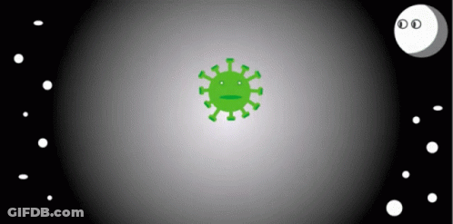 A Cartoon Of A Green Virus With A Face And A Moon In The Background GIF