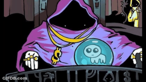 A Cartoon Of A Grim Reaper With A Skull In A Crystal Ball . GIF