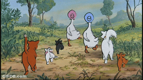 A Cartoon Of A Group Of Animals Including A Duck And A Cat GIF