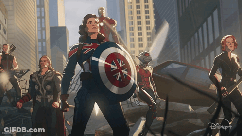 A Cartoon Of A Group Of Avengers Including Captain America And Black Widow From Disney + GIF