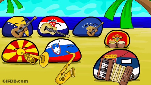 A Cartoon Of A Group Of Balls Playing Instruments On A Beach GIF
