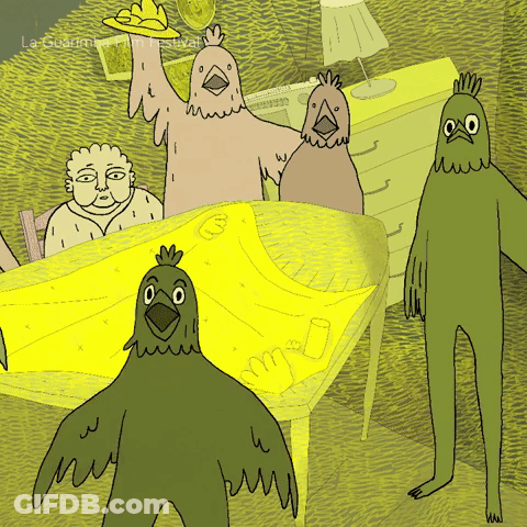 A Cartoon Of A Group Of Birds Standing Around A Table With The Words La Guardia Film Festival On The Bottom Right GIF