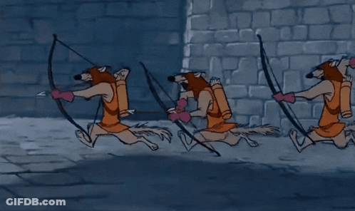 A Cartoon Of A Group Of Foxes Holding Bows And Arrows GIF