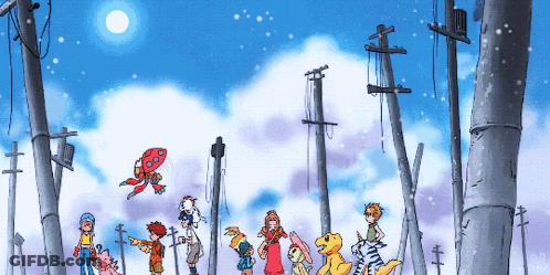 A Cartoon Of A Group Of Kids And Their Digimon GIF