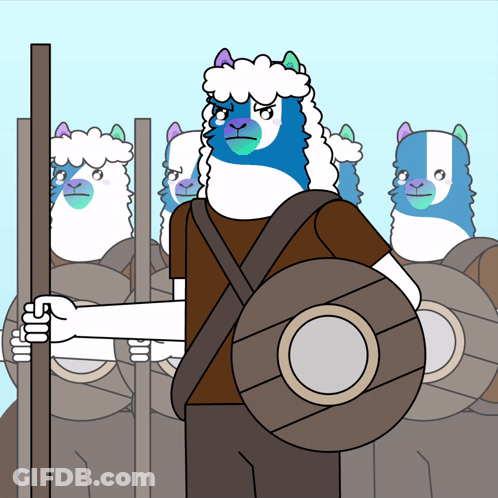 A Cartoon Of A Group Of Llamas Holding Shields GIF