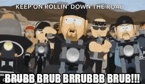 A Cartoon Of A Group Of Men Riding Motorcycles With The Words `` Keep On Rollin Down The Road '' . GIF