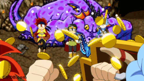 A Cartoon Of A Group Of People Holding Gold Coins In Front Of A Purple Monster GIF