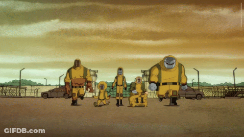 A Cartoon Of A Group Of People In Yellow Suits GIF