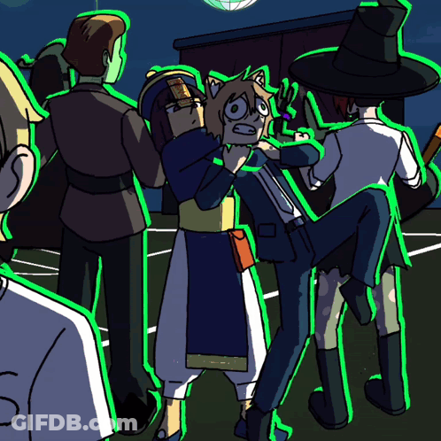 A Cartoon Of A Group Of People Including A Witch And A Cat GIF