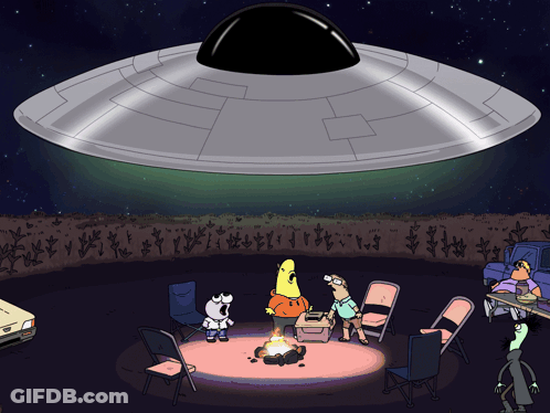 A Cartoon Of A Group Of People Sitting Around A Campfire With An Ufo Flying Overhead GIF