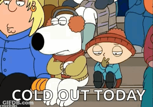 A Cartoon Of A Group Of People Sitting On Stairs With The Words `` Cold Out Today '' Written Below Them . GIF