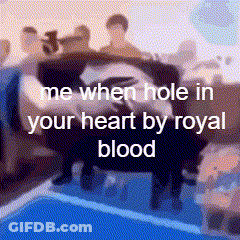 A Cartoon Of A Group Of People Standing Around A Couch With The Words `` Me When Hole In Your Heart By Royal Blood '' . GIF