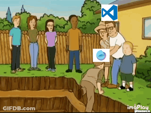 A Cartoon Of A Group Of People Standing In Front Of A House With A Blue X In The Middle GIF
