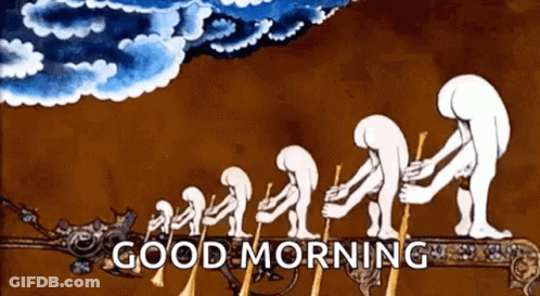 A Cartoon Of A Group Of People Standing Next To Each Other With The Words `` Good Morning '' Written Below Them . GIF