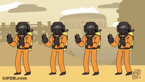 A Cartoon Of A Group Of People Wearing Gas Masks And Gloves With The Letters Rnz On The Bottom GIF