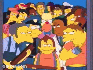 A Cartoon Of A Group Of People With One Holding A Bat And A Gun GIF
