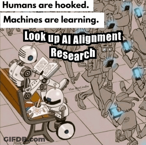A Cartoon Of A Group Of People With The Caption " Humans Are Hooked Machines Are Learning " GIF
