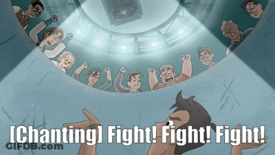 A Cartoon Of A Group Of People With The Words " Chanting Fight Fight Fight " On The Bottom GIF
