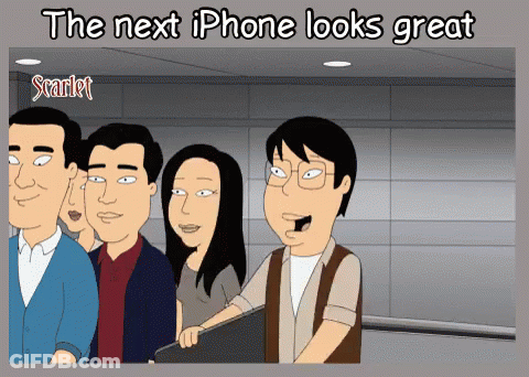 A Cartoon Of A Group Of People With The Words " The Next Iphone Looks Great " GIF
