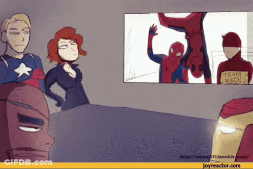 A Cartoon Of A Group Of Superheros With A Sign That Says " Team Red " GIF