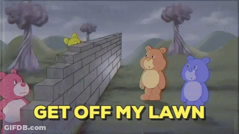 A Cartoon Of A Group Of Teddy Bears With Guns Says Get Off My Lawn GIF