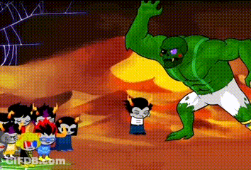 A Cartoon Of A Group Of Trolls Standing Around A Green Monster . GIF