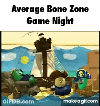 A Cartoon Of A Group Of Vegetables In A Pirate Ship With The Caption `` Average Bone Zone Game Night '' . GIF