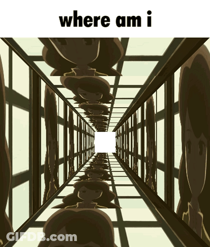 A Cartoon Of A Hallway With The Words " Where Am I " On The Bottom GIF