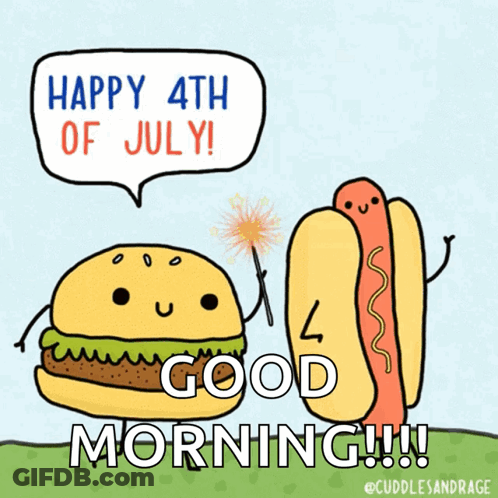 A Cartoon Of A Hamburger And A Hot Dog Saying Happy 4Th Of July GIF