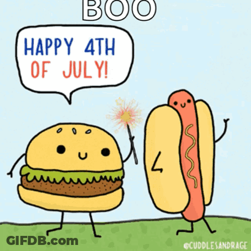 A Cartoon Of A Hamburger And A Hot Dog Saying Happy 4Th Of July Keep Your Buns Safe GIF