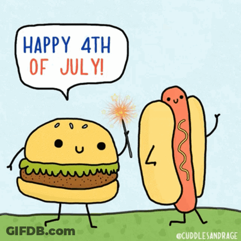 A Cartoon Of A Hamburger And A Hot Dog Says Happy 4Th Of July GIF