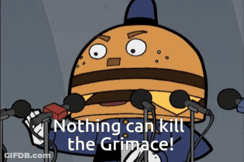 A Cartoon Of A Hamburger Speaking Into Microphones With The Words " Nothing Can Kill The Grimace " GIF