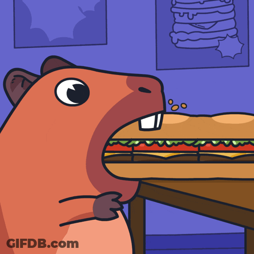A Cartoon Of A Hamster Eating A Hamburger GIF