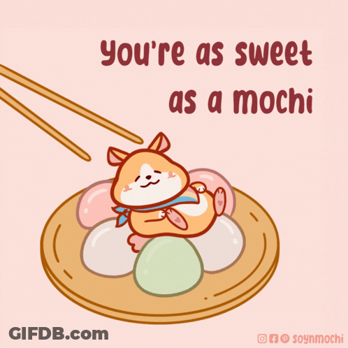 A Cartoon Of A Hamster Eating Mochi With Chopsticks And The Words " You 'Re As Sweet As A Mochi " GIF