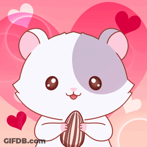 A Cartoon Of A Hamster Holding A Nut With Hearts Behind It GIF
