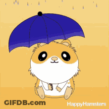 A Cartoon Of A Hamster Holding An Umbrella With The Words Happy Hamsters On The Bottom GIF