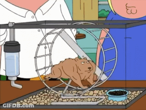 A Cartoon Of A Hamster Running In A Hamster Wheel With A Man Standing Behind It GIF