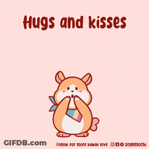 A Cartoon Of A Hamster Surrounded By Pink Hearts With The Words Hugs And Kisses Below It GIF