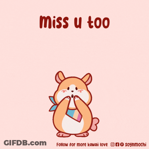 A Cartoon Of A Hamster Surrounded By Pink Hearts With The Words Miss U Too GIF