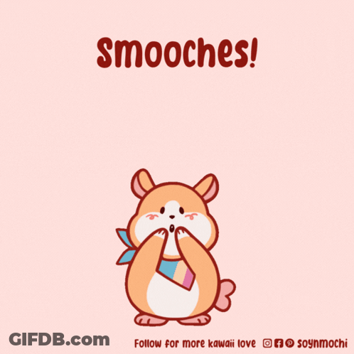 A Cartoon Of A Hamster Surrounded By Pink Hearts With The Words Smooches Below It GIF