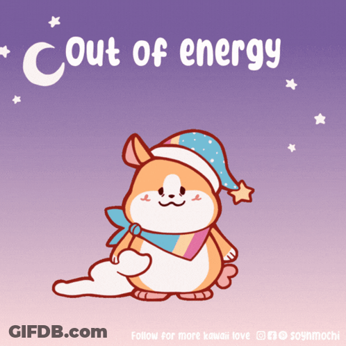 A Cartoon Of A Hamster Wearing A Sleep Cap With The Words Out Of Energy Above It GIF