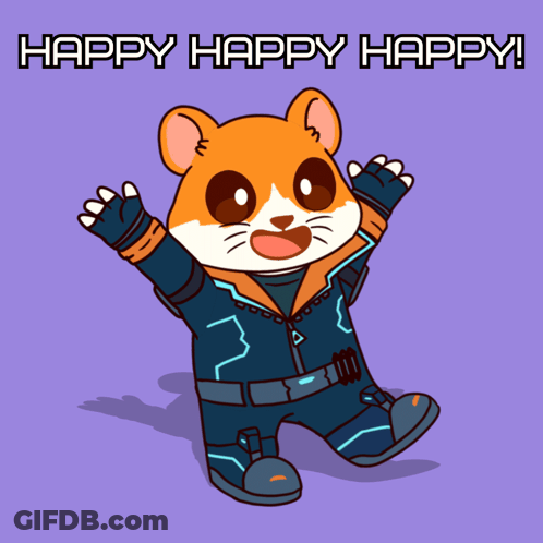 A Cartoon Of A Hamster With The Words Happy Happy Happy Written Above It GIF